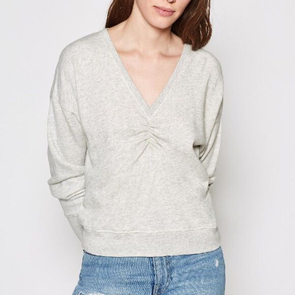 Heather Gray Joie V-Neck Pima Ruched Long Sleeve Sweatshirt (NWT) - Picture 2 of 8